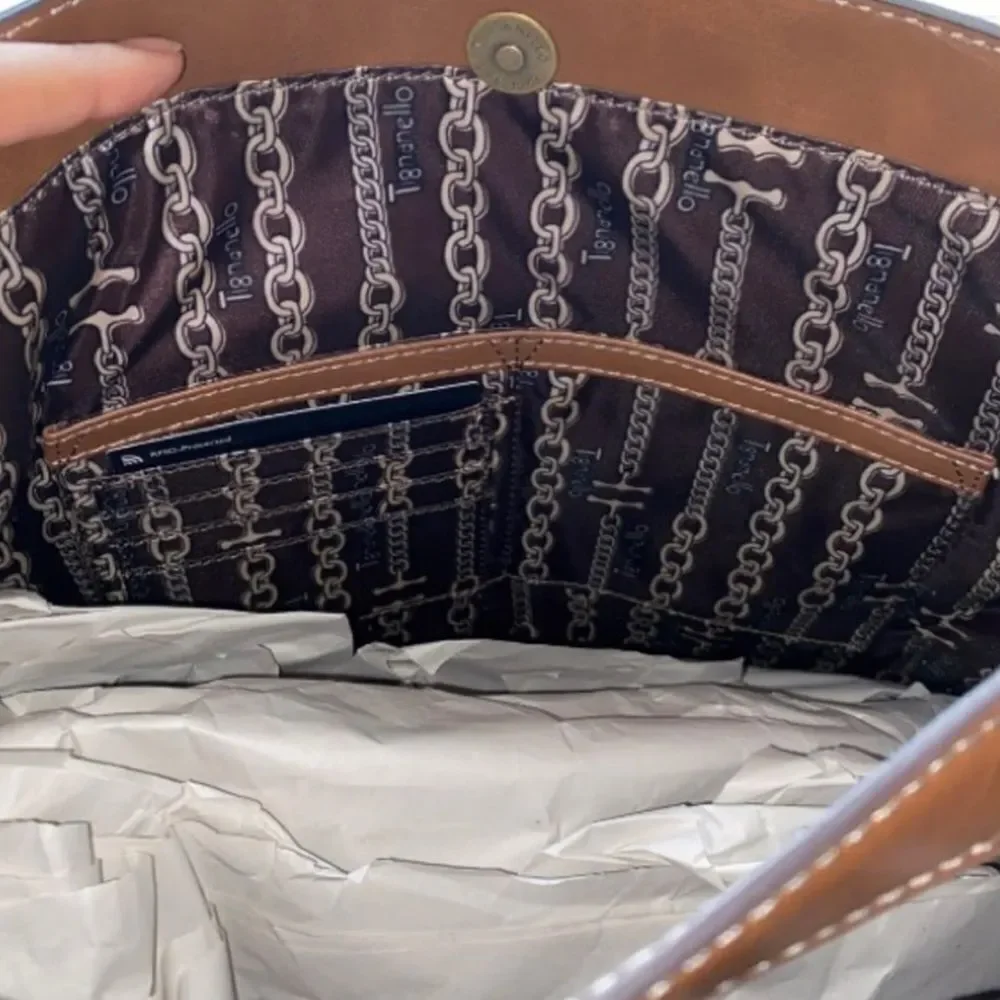 Tignanello Black Leather Brown Palm Leaf Embossed Hobo Purse Tote New No Tags